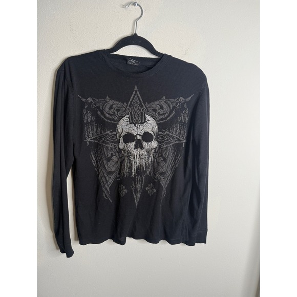 MMA Elite Mens Skull Graphic Y2K Vintage Long Sleeve Thermal Shirt Top Medium - Picture 1 of 3